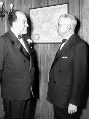 January 25, 1951 - Merryle Stanley Rukeyser (left) spoke with W.H. Dilatush prior to addressing the Executives Club at a dinner on Jan. 25, 1951, at The Peabody Hotel. Rukeyser is an economic commentator for the International News Service and Dialtush is president of the Executives Club.