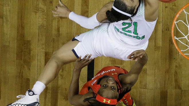 
Notre Dame guard Kayla McBride shoots over Maryland guard Lexie Brown during the first half of their NCAA Final Four game Sunday in Nashville, Tenn. 

