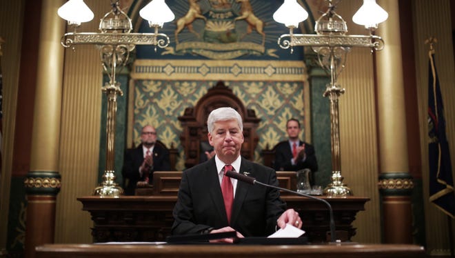 Governor Rick Snyder addresses the Flint water crisis during his State of the State speech on Tuesday January 19, 2016 at the state Capitol Building in Lansing.