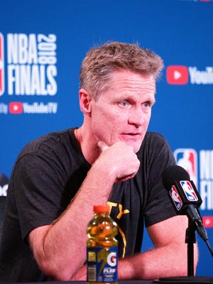 Golden State Warriors head coach Steve Kerr speaks to media following Game 2 of the 2018 NBA Finals.