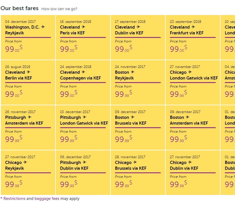 These $99 one-way fares to Europe are among the holiday offerings from Icelandic discounter WOW Air.