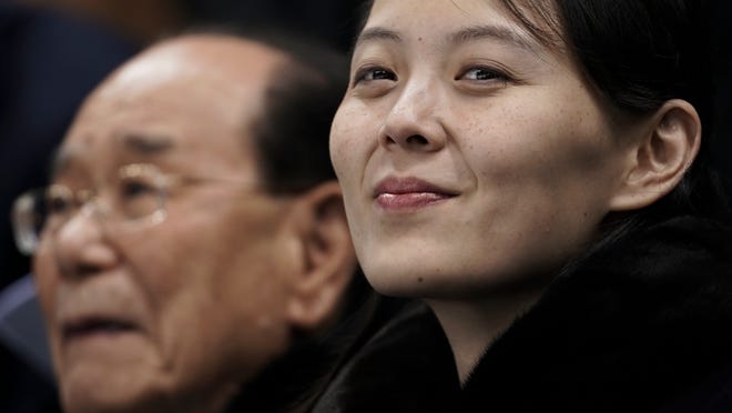 Kim Yo Jong, sister of North Korean leader Kim Jong Un, right, and North Korea's nominal head of state Kim Yong Nam, wait for the start of the preliminary round of the women's hockey game between Switzerland and the combined Koreas at the 2018 Winter Olympics in Gangneung, South Korea, Saturday, Feb. 10, 2018. (AP Photo/Felipe Dana)