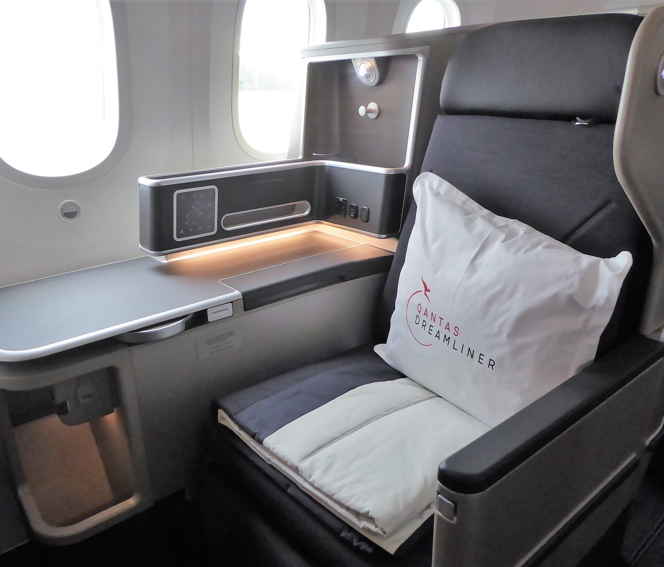 Business-class seats on the Qantas 787-9 have a 46-inch pitch and can be in recline position at takeoff and landing.