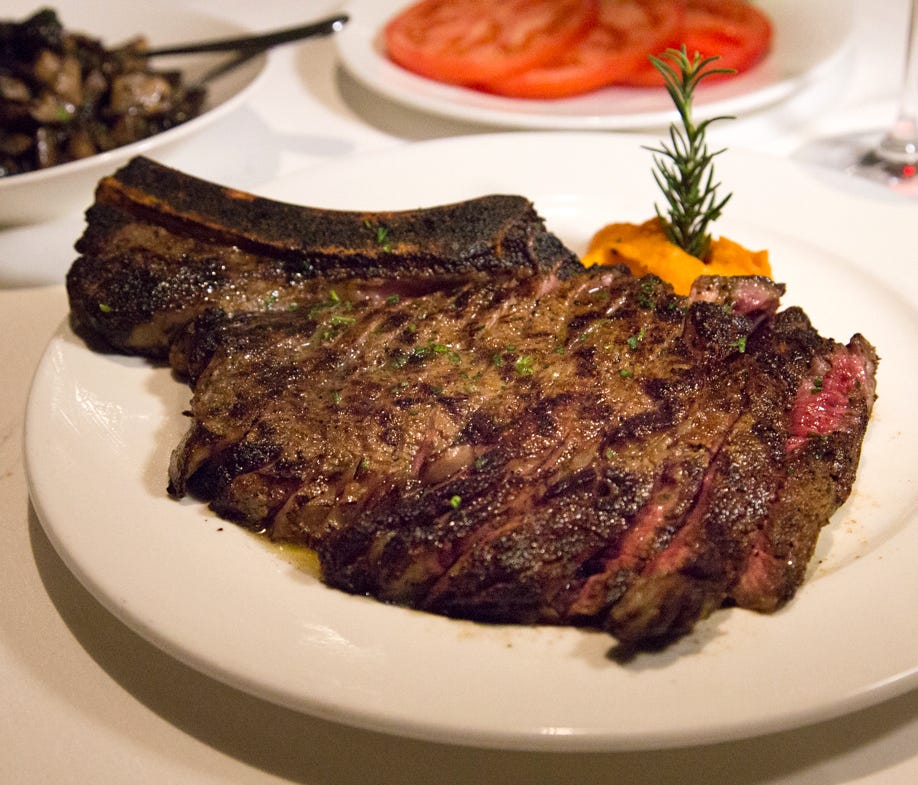 Al Biernat's serves wet-aged USDA Prime steaks sourced primarily from Allen Brothers in Chicago, and super-prime beef raised in Texas like this Black Angus/wagyu beef sourced from a ranch outside Dallas.
