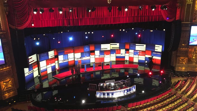 The stage for Thursday's Republican presidential  debate at the Fox Theatre in Detroit.