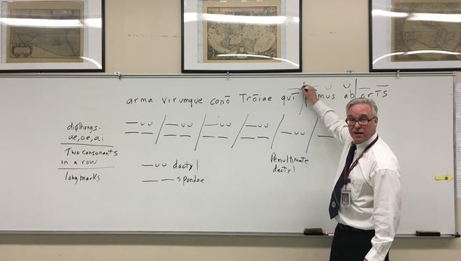 Keith Massey in his Latin classroom at Leonia High School.