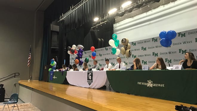 Ten Fort Myers High athletes signed National Letters of Intent on Thursday at the school auditorium.