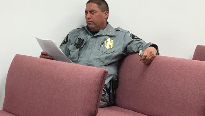 Acting Ruidoso Downs Police Chief Darrell Chavez listens as city council discusses plans for filling the job vacated last Sept. 26 when Christopher Rupp was fired.