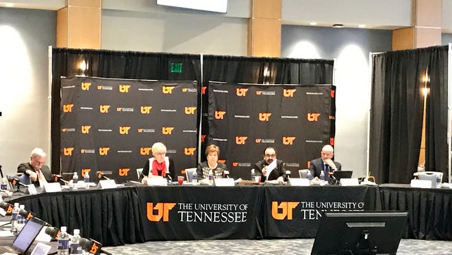 Members of the University of Tennessee board of trustees subcommittee on student conduct, rights and responsibilities discuss proposed changes to the student code of conduct on Tuesday, March 28, 2017.