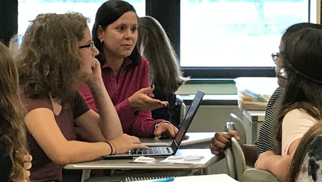 Nicole Petrosillo, Passaic County's teacher of the year for 2017-18, teaches a freshman English class at West Milford High School on Sept. 21.