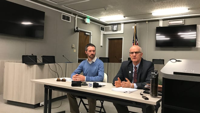 Pete Etchart, WCSD chief operating officer, and Riley Sutton, WCSD spokesperson, tell media about a projected increase in total WC-1 bonding capacity.