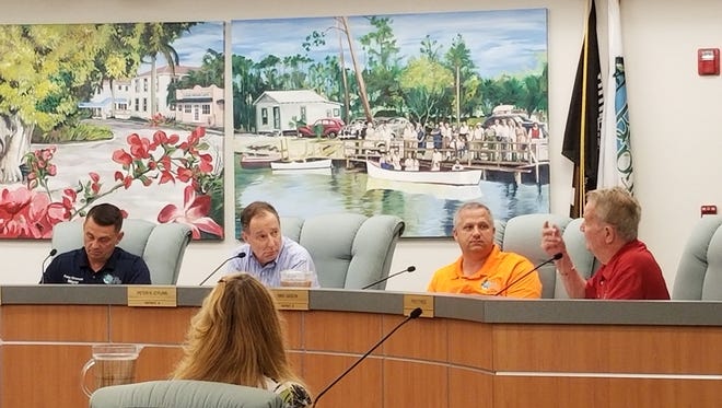 Bonita Springs Mayor Peter Simmons, left, and councilors Peter O'Flinn, Mike Gibson and Fred Forbes discuss how to handle flooding in the city.