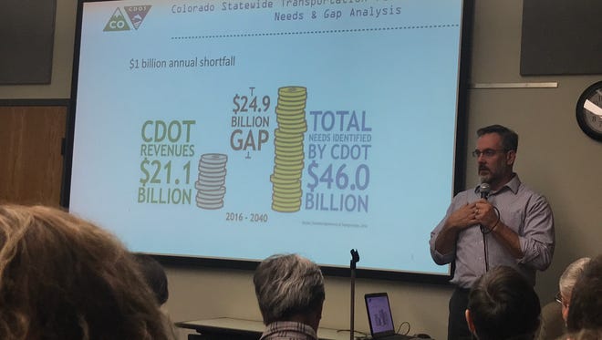 Andrew Karsian, legislative liaison for the Colorado Department of Transporation, shows an infographic illustrating the gap in state transportation funding at a forum hosted Saturday, Nov. 18, 2017.