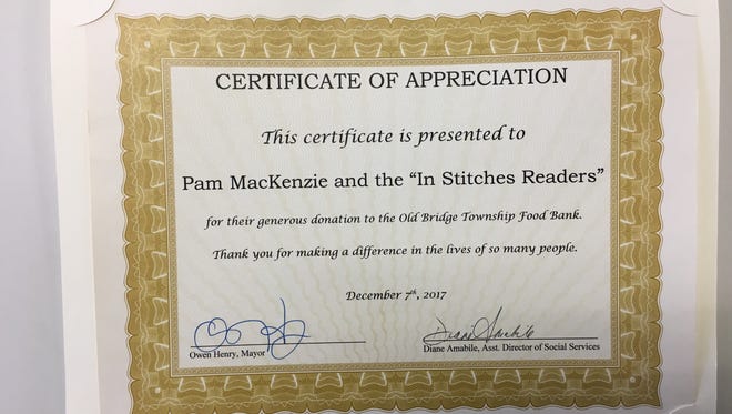 The Old Bridge Food Bank sent this Certificate of Appreciation for all of your hats and scarves.