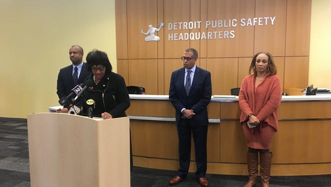 Detroit City Council President Brenda Jones speaks about human trafficking at a news conference held at the Detroit Public Safety Headquarters on Jan. 18, 2018.