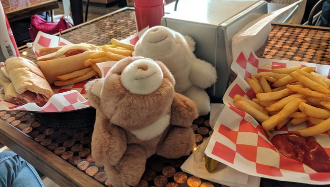 Two fine bear dining companions enjoyed their lunch at the new Marco’s Pizza on Carlisle Road in West York in January 2018. (So did Only in York County author Joan Concilio and her fiance, Dan Herman!)
