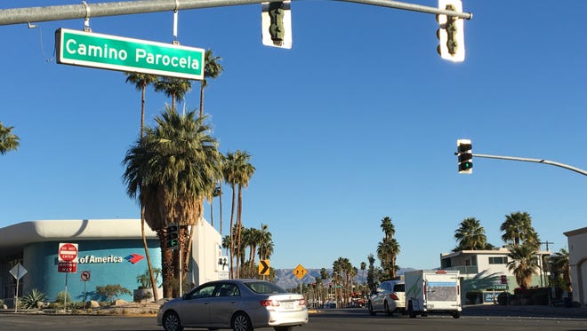 This shows the intersection of Camino Parocela and Indian Canyon and Palm Canyon drives in Palm Springs. City leaders recently ended plans to install a roundabout at the intersection.