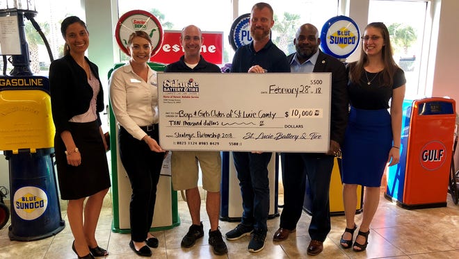 Boys & Girls Clubs of St. Lucie County recently received a $10,000 donation from new strategic partner St. Lucie Battery & Tire. Pictured are, from left, Melanie Wiles, Lindsey Concannon, Ken Walsh, Jeff Deans, Will Armstead and Maygan Johnson. Wiles, Armstead and Johnson represent the Boys & Girls Clubs. Concannon, Walsh and Jeans are with St. Lucie Battery & Tire.