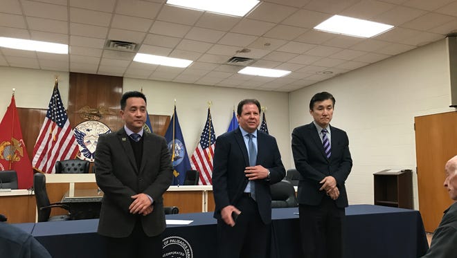 Mayor James Rotundo (center) filed his petition to run in the June Democratic primary Wednesday. Chong "Paul" Kim and Councilman Jongchul Lee also filed petitions.