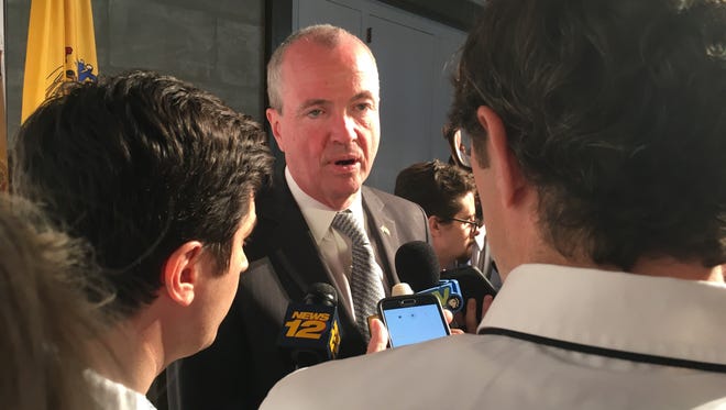 Gov. Phil Murphy speaking to reporters after a bill signing in Trenton on Wednesday, May 2, 2018.