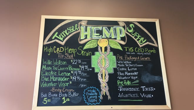 A chalkboard inside Tennessee Hemp Supply, which recently opened in Murfreesboro, details some of the items available for sale.