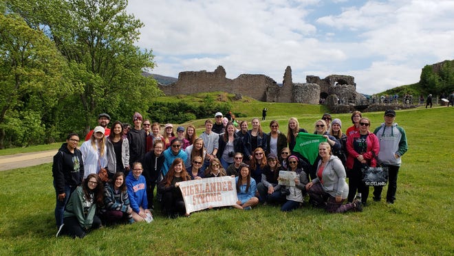 Oak Hills students are pictured at the Urquhart Castle after cruising on Loch Ness searching for Nessie, with a Delhi Press, of course.