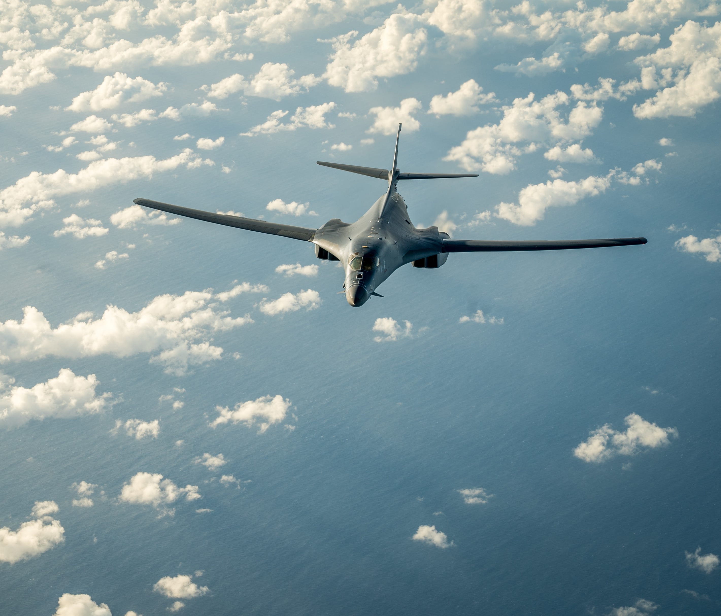 A U.S. Air Force B-1B Lancer participates in a 10-hour mission from Andersen Air Force Base, Guam, into Japanese airspace and over the Korean Peninsula, July 30, 2017. The B-1s first made contact with Japan Air Self-Defense Force F-2 fighter jets in 