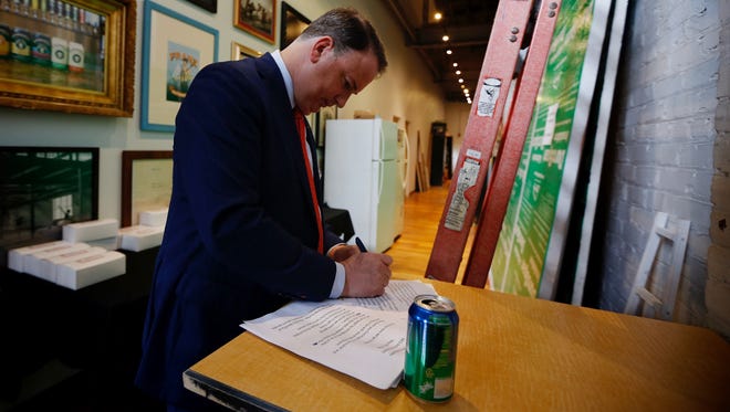 FC Cincinnati president Jeff Berding makes some final touches to his speech at Rhinegeist Brewery in the Over-the-Rhine neighborhood of Cincinnati on Tuesday, May 29, 2018.