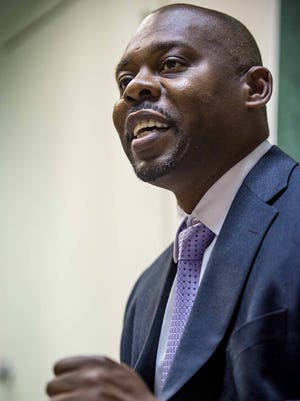 New Burlington schools superintendent Yaw Obeng explains his plans for his first 100 days in office during a news conference in Burlington on Thursday, September 10, 2015.