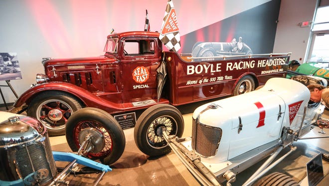 The fully restored Boyle Race Car Hauler, a 1934 Diamond T 211FF Custom Race Car Hauler by Guedelhoefer Wagon Works, was unveiled during the Save The Boyle event held at the Dallara Indy Car Factory in Speedway which raised money to save the original Boyle Racing Headquarters, Thursday May 12th, 2016. The hauler which was found upside down in a ravine on a farm was restored as a fundraising tool to save the Boyle Racing Headquarters, and can can safely carry the original Boyle cars in parades and more.