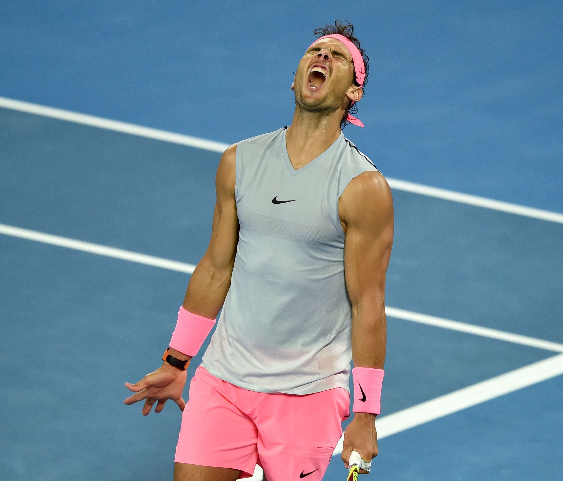 Spain's Rafael Nadal reacts against Croatia's Marin Cilic during their men's singles quarter-finals match on day nine of the Australian Open tennis tournament in Melbourne on Jan. 23.