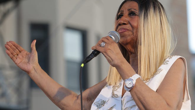 Aretha Franklin performs on the main stage during the Detroit Music Weekend festival in downtown Detroit on Saturday, June 10, 2017.