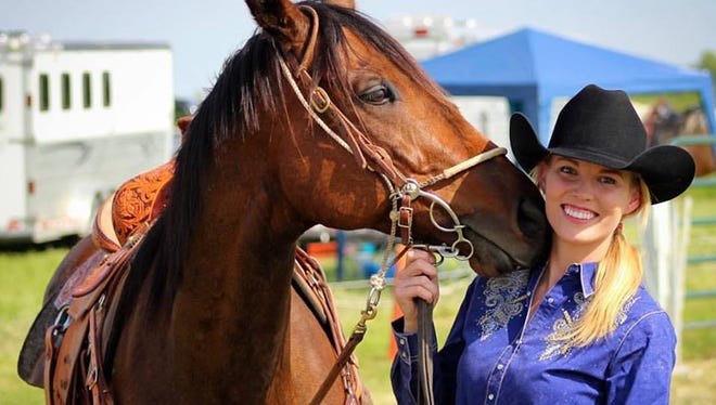 Katelin Bradley, serving as Miss Rodeo Wisconsin in 2017, is pictured with her off-track-thoroughbred (OTTB) Corybant.