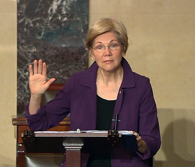 In this image from Senate Television, Sen. Elizabeth Warren, D-Mass., speaks on the floor of the U.S. Senate in Washington, Feb. 6, 2017, about the nomination of Betsy DeVos to be Education Secretary. The Senate will be in session around the clock th