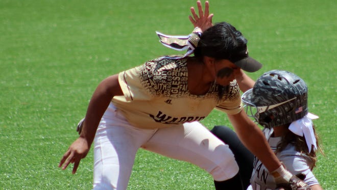 Odessa Permian's Karisma Aguilar beats the throw to second as Abilene High shortstop Alyssa Washington fields the throw during a best-of-3 regional quarterfinal series Saturday, May 12, 2018 in Coahoma.
