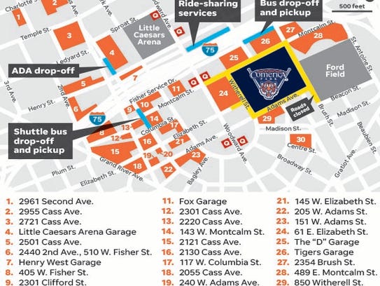 Map of parking lots available for Tigers' Opening Day.