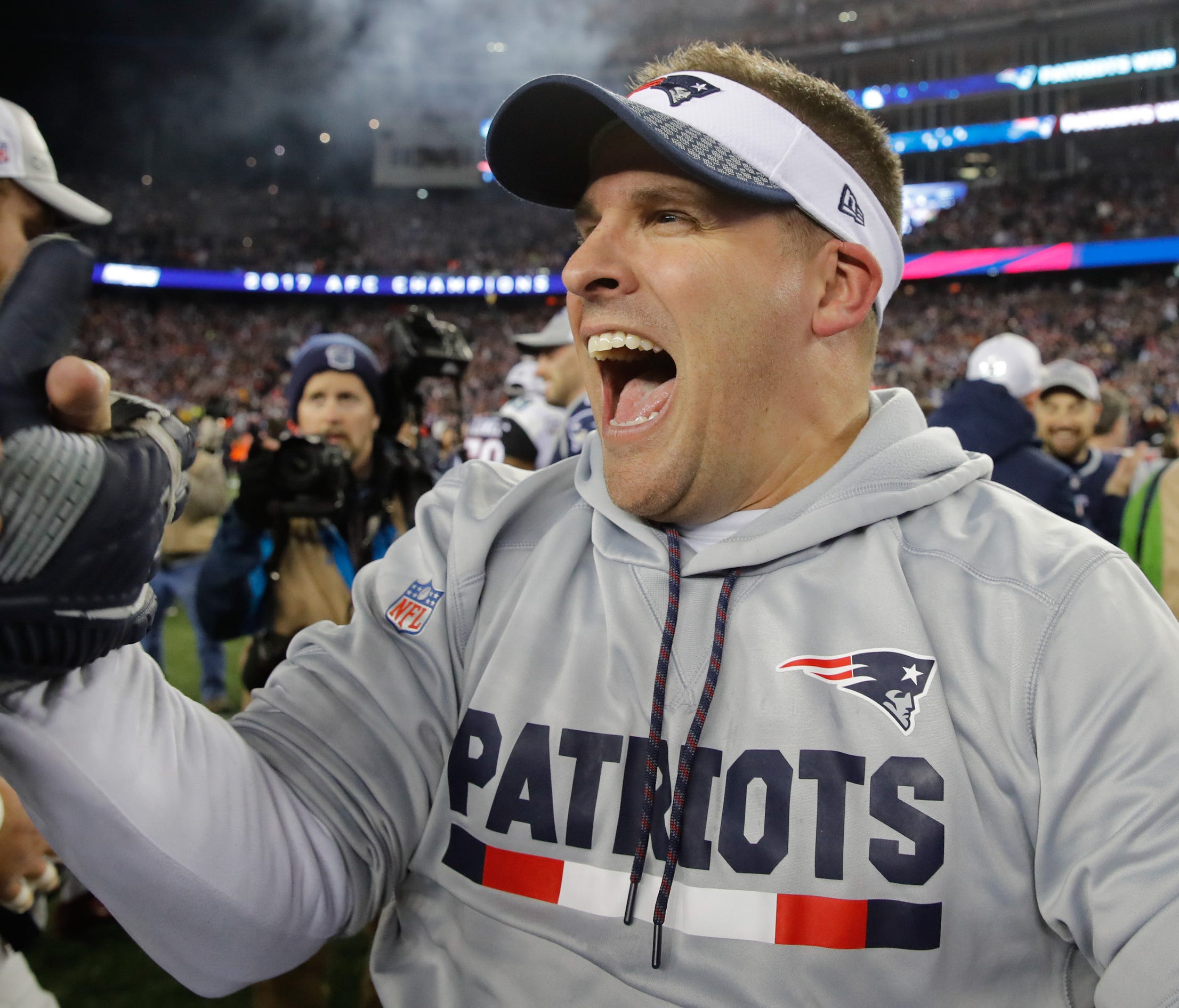 New England Patriots offensive coordinator Josh McDaniels after the game against the Jacksonville Jaguars in the AFC Championship Game at Gillette Stadium.