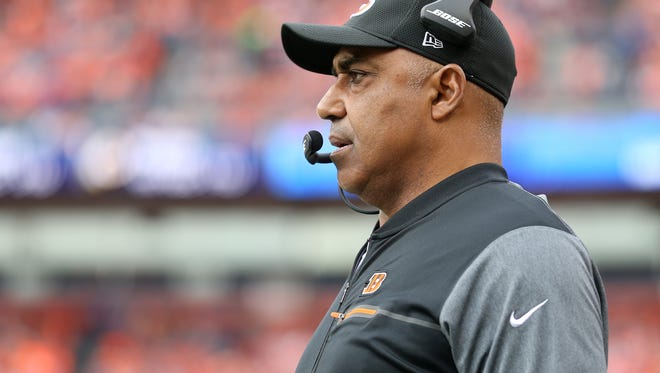 Cincinnati Bengals head coach Marvin Lewis observes the team in the first quarter during the Week 11 NFL game between the Cincinnati Bengals and the Denver Broncos, Sunday, Nov. 19, 2017, at Sports Authority Field at Mile High in Denver, Colorado. 