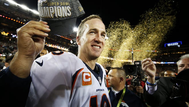 Denver quarterback Peyton Manning celebrates after defeating the Carolina Panthers during Super Bowl 50 in Santa Clara, Calif.