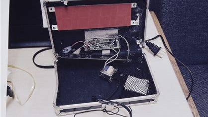 This photo provided by the Irving Police Department shows the homemade clock that Ahmed Mohamed brought to school,  Wednesday, Sept.16, 2015, in Irving. Police detained the 14-year-old Muslim boy after a teacher at MacArthur High School decided that the homemade clock he brought to class looked like a bomb, according to school and police officials. The family of Ahmed Mohamed said the boy was suspended for three days from the school in the Dallas suburb. (Irving Police via AP)
