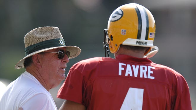 General manager Ron Wolf found a Hall of Fame quarterback in Brett Favre at the bottom of the Falcons? depth chart.
File/Press-Gazette Media
Former Packers GM Ron Wolf visits with Brett Favre (4) during training camp at Clarke Hinkle Field in Green Bay on Wednesday, Aug. 16, 2006. Evan Siegle/Press-Gazette