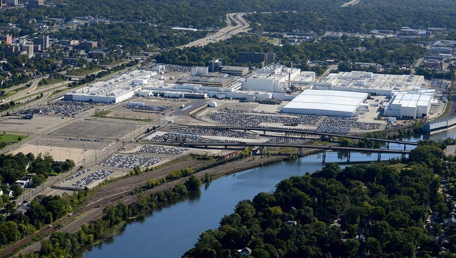 An aerial view of GM's Lansing Grand River plant looking northeast. The plant will be reducing its third shift and laying off up to 810 people in January.