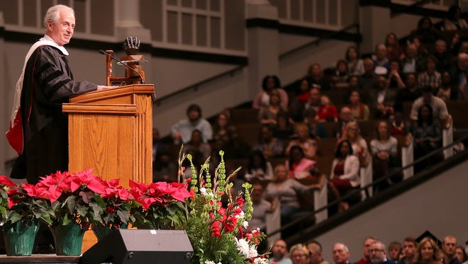 U.S. Senator Bob Corker delivers his commencement address during the fall commencement services for Union University at West Jackson Baptist Church in Jackson, Tenn., on Saturday, Dec. 17, 2016.