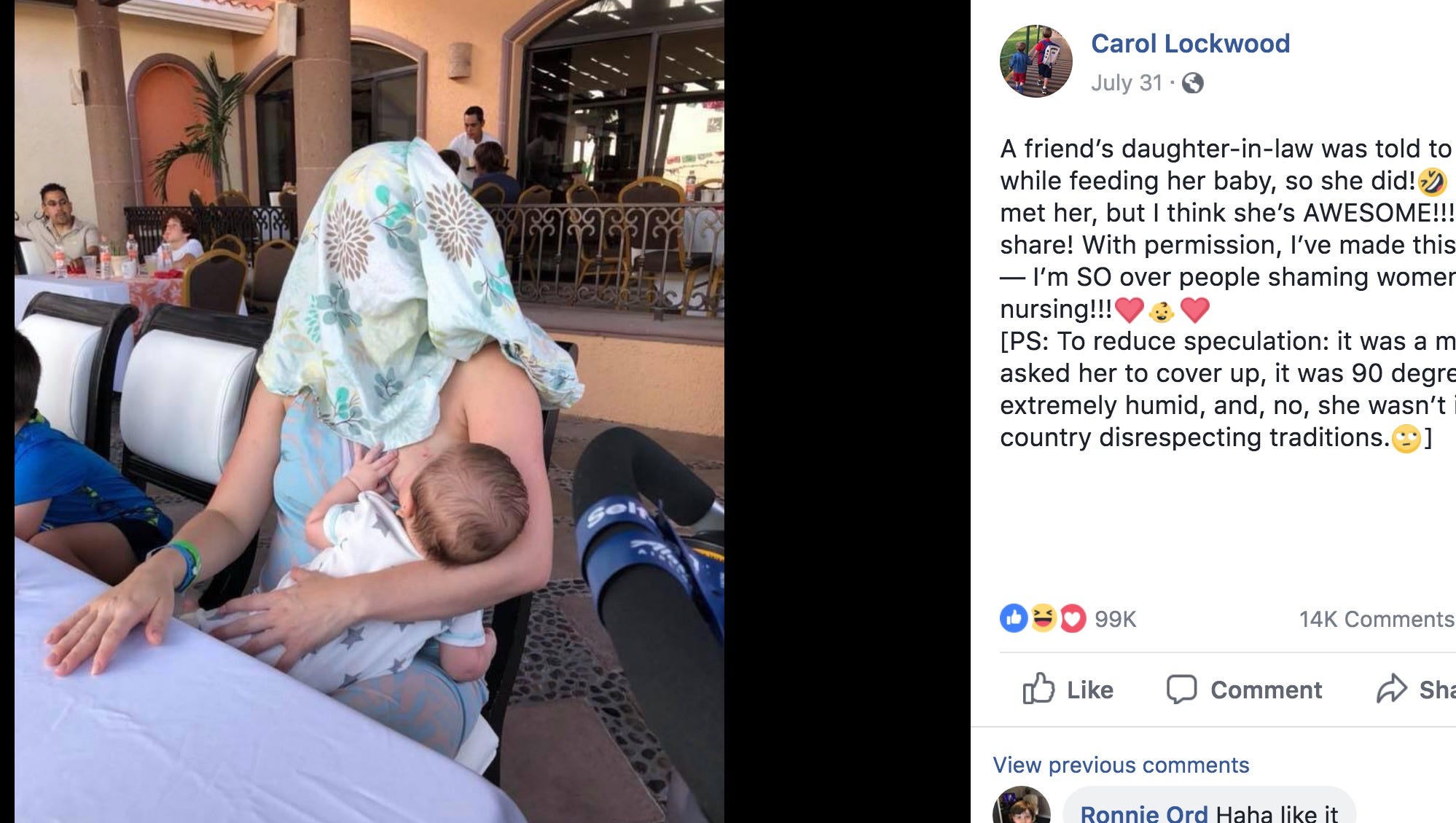 Breastfeeding mom told to 'cover up' at restaurant goes viral in photo