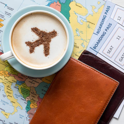 Europe map and airplane in cappuccino (made of cin