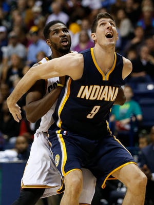 Wednesday, Oct. 15, 2014 NBA SPORTS  : Indiana Pacers forward Damjan Rudez (9) blocks out the Cleveland Cavaliers forward Tristan Thompson (13) during their preseason game at the Cintas Center on Xavier University campus.  The Enquirer/Jeff Swinger