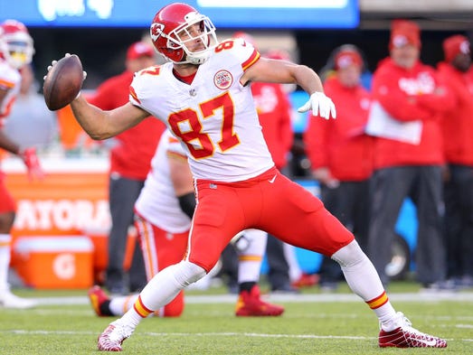 Kansas City Chiefs tight end Travis Kelce throws a