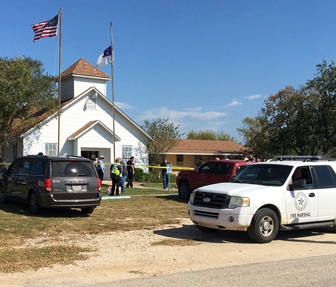 Emergency personnel respond to a fatal shooting at a Baptist church in Sutherland Springs, Texas, Nov. 5, 2017.