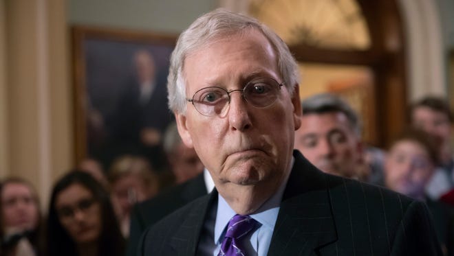 Senate Majority Leader Mitch McConnell, R-Ky., tells reporters that Republicans are rallying behind a plan that would allow detained families to stay together while expediting their deportation proceedings. during a news conference on Capitol Hill in Washington June 19, 2018.