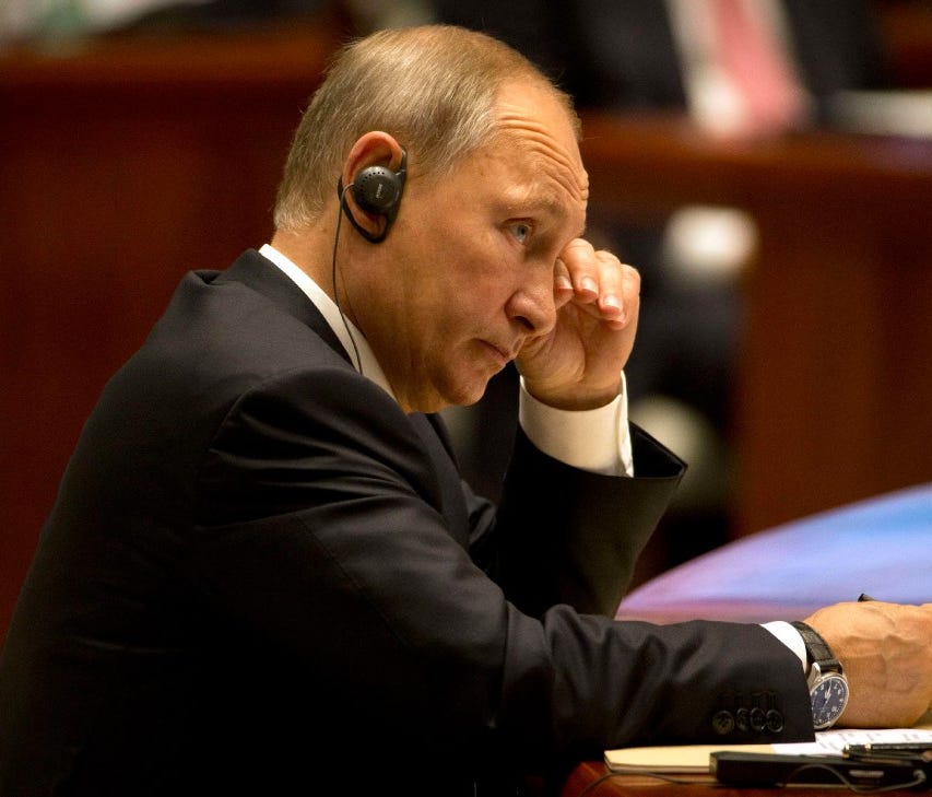 Russian President Vladimir Putin listens to a speech during summit in Xiamen, China, on Sept. 5.